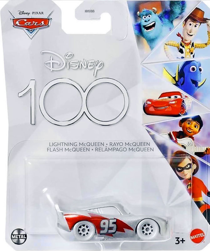 Lightning McQueen (Disney 100) from the Cars 2023 series, Mattel 1:55 diecast on its card