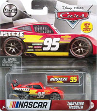 Lightning McQueen (Nascar variant) from the Cars 2022 series, Mattel 1:55 diecast on its card