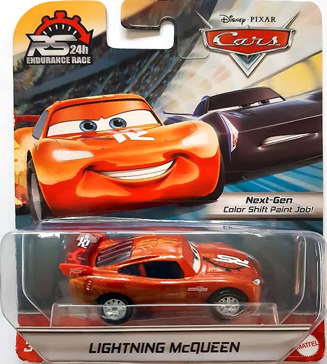 Lightning McQueen (RS 24h Endurance Race) from the Blue Desert series, Mattel 1:55 diecast on its card