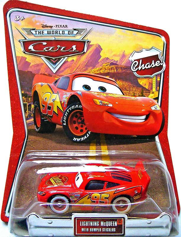 Lightning McQueen with Bumper Stickers (Chase) from the World of Cars series, Mattel 1:55 diecast on its card