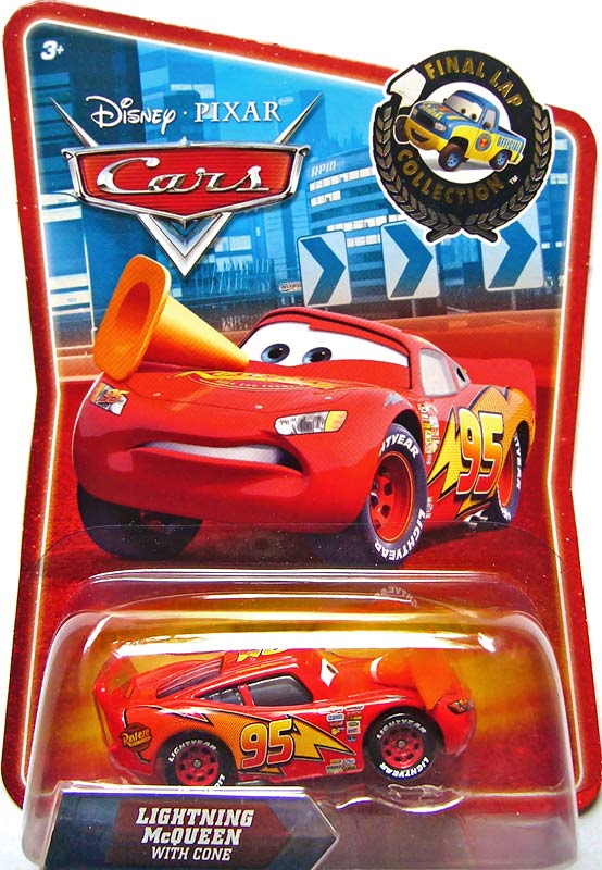 Lightning McQueen with Cone from the Final Lap series, Mattel 1:55 diecast on its card