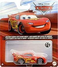 Lightning McQueen with Racing Wheels from the Cars 2 series, Mattel 1:55 diecast on its card