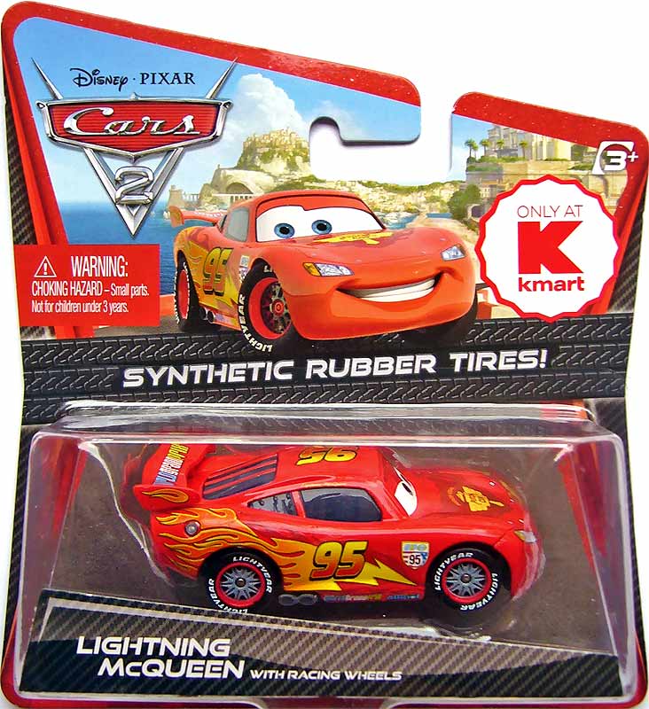 Lightning McQueen with Racing Wheels (rubber tires) from the Cars 2 series, Mattel 1:55 diecast on its card