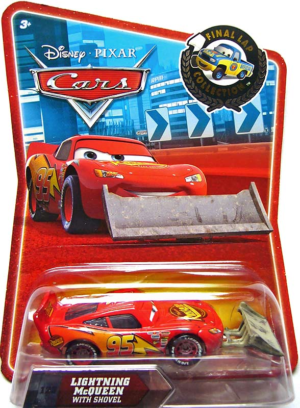Lightning McQueen with Shovel from the Final Lap series, Mattel 1:55 diecast on its card