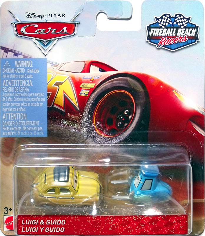 Luigi (Fireball Beach Racer) from the Cars 2018-2019 series, Mattel 1:55 diecast on its card
