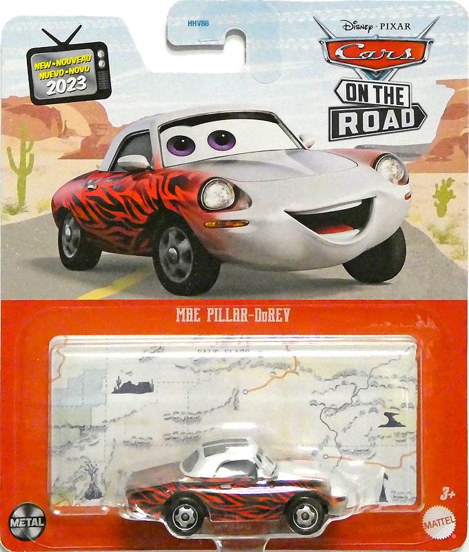Mae Pillar-Durev from the Cars on the Road series, Mattel 1:55 diecast on its card