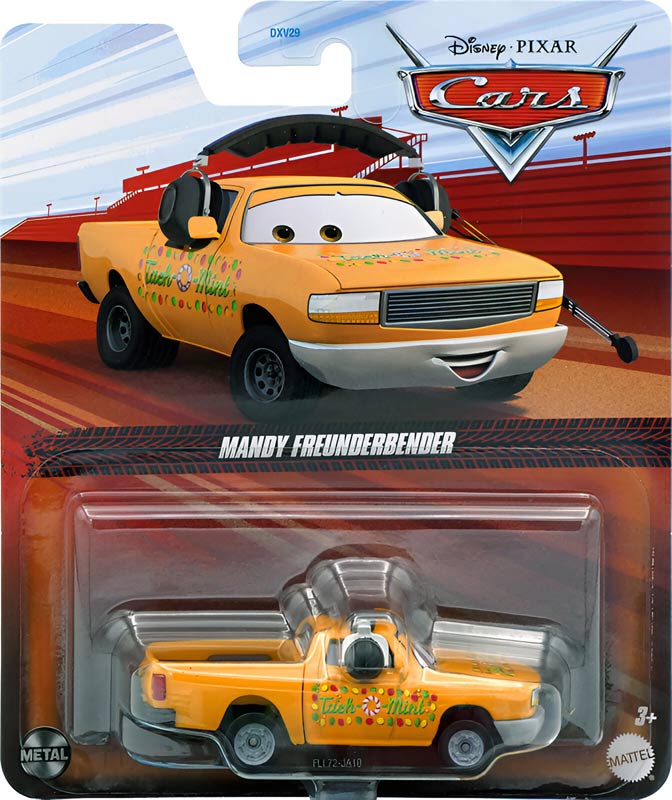 Mandy Freunderbender from the Cars 2024 series, Mattel 1:55 diecast on its card
