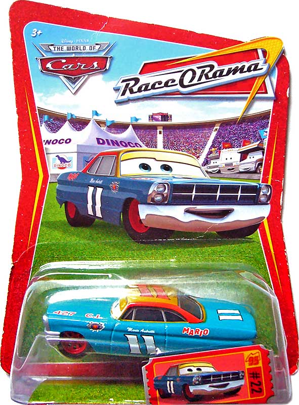Mario Andretti (yellow wheels) from the Race O Rama series, Mattel 1:55 diecast on its card