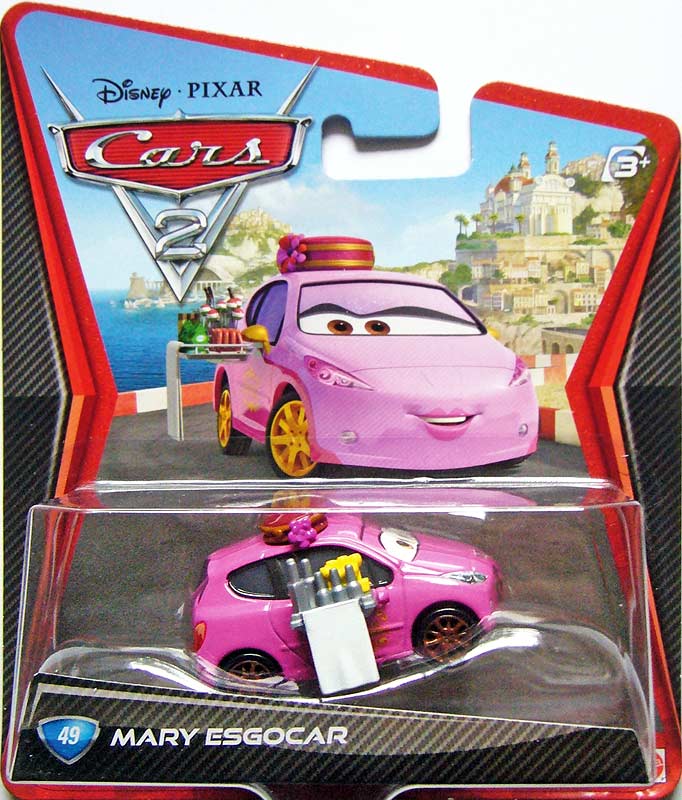 Mary Esgocar from the Cars 2 series, Mattel 1:55 diecast on its card