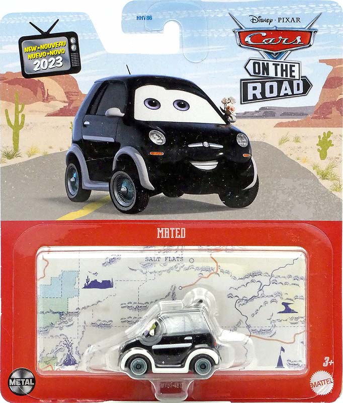 Mateo from the Cars on the Road series, Mattel 1:55 diecast on its card