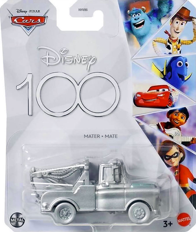 Mater (Disney 100) from the Cars 2023 series, Mattel 1:55 diecast on its card