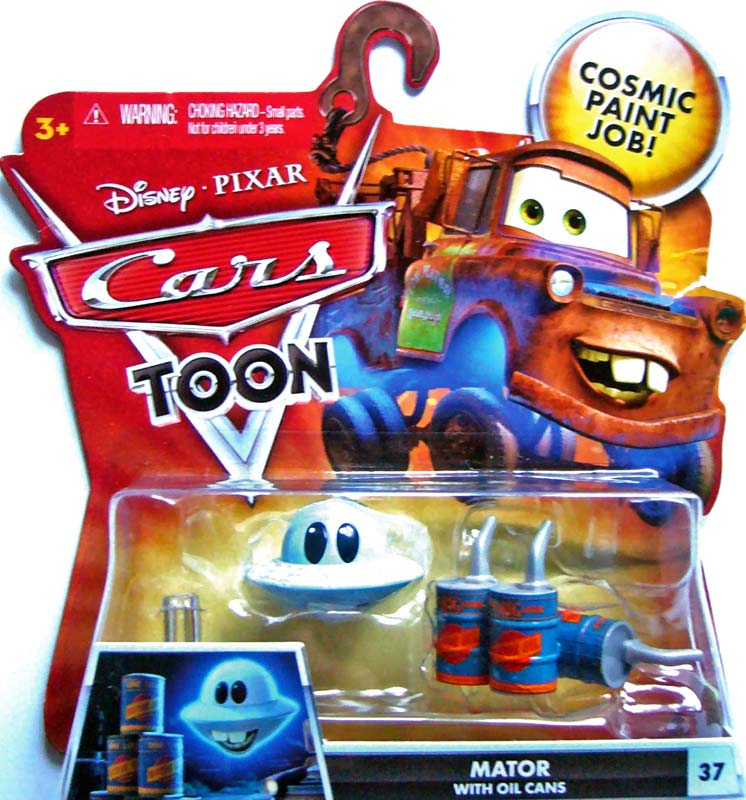 Mator with Oil Cans from the Cars Toon series, Mattel 1:55 diecast on its card
