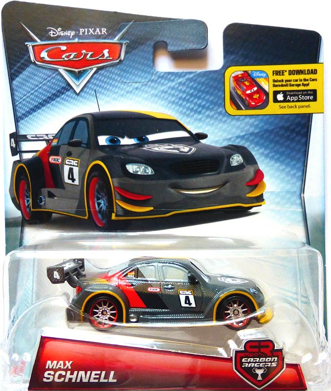 Max Schnell (Carbon Racers) from the Cars 2016 series, Mattel 1:55 diecast on its card