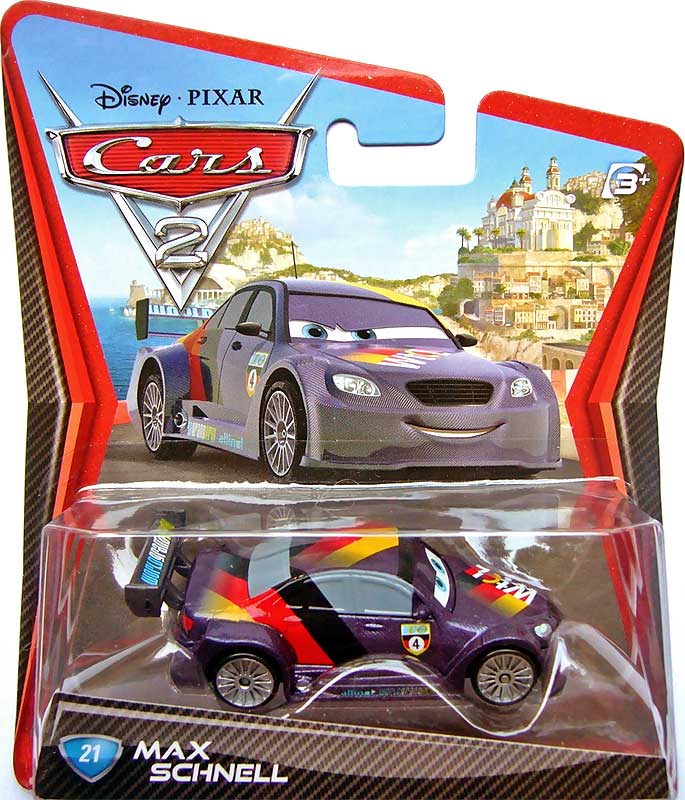Max Schnell from the Cars 2 series, Mattel 1:55 diecast on its card