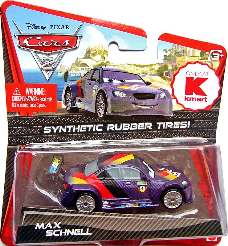 Max Schnell (rubber tires) from the Cars 2 series, Mattel 1:55 diecast on its card