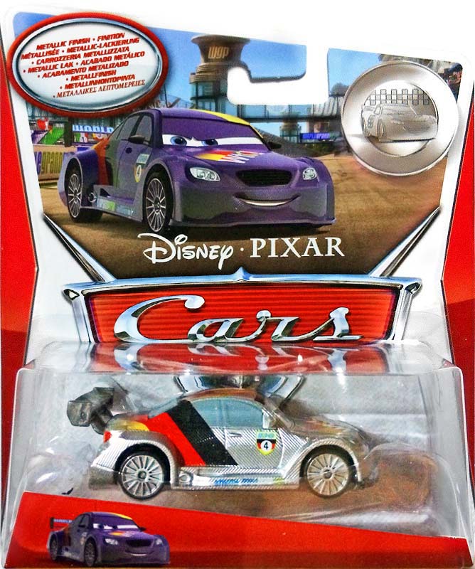 Max Schnell with Metallic Finish (silver) from the Cars 2 series, Mattel 1:55 diecast on its card