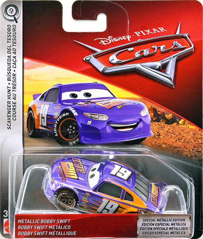 Metallic Bobby Swift from the Cars 2018-2019 series, Mattel 1:55 diecast on its card