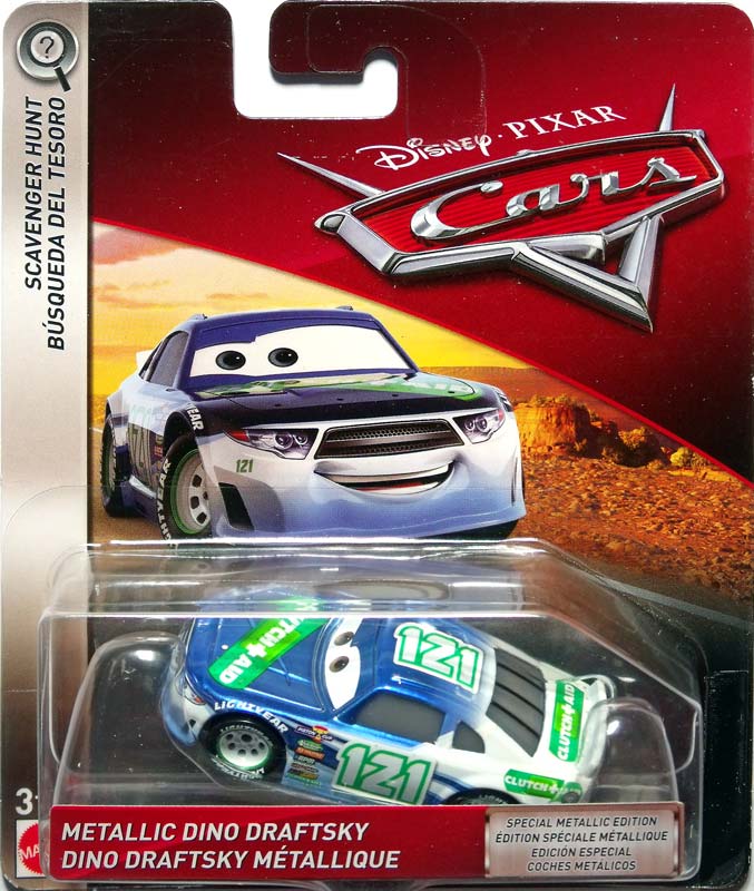 Metallic Dino Draftsky from the Cars 2018-2019 series, Mattel 1:55 diecast on its card
