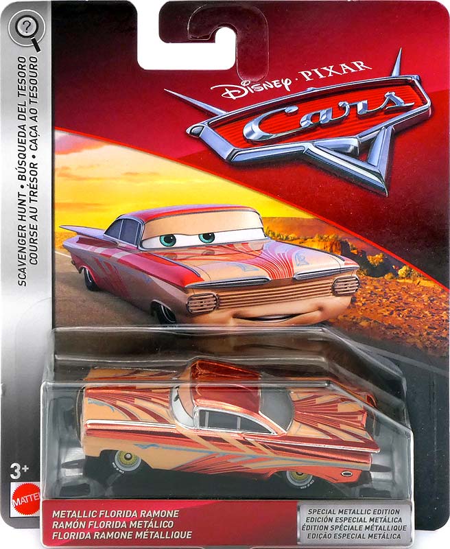 Metallic Florida Ramone from the Cars 2018-2019 series, Mattel 1:55 diecast on its card