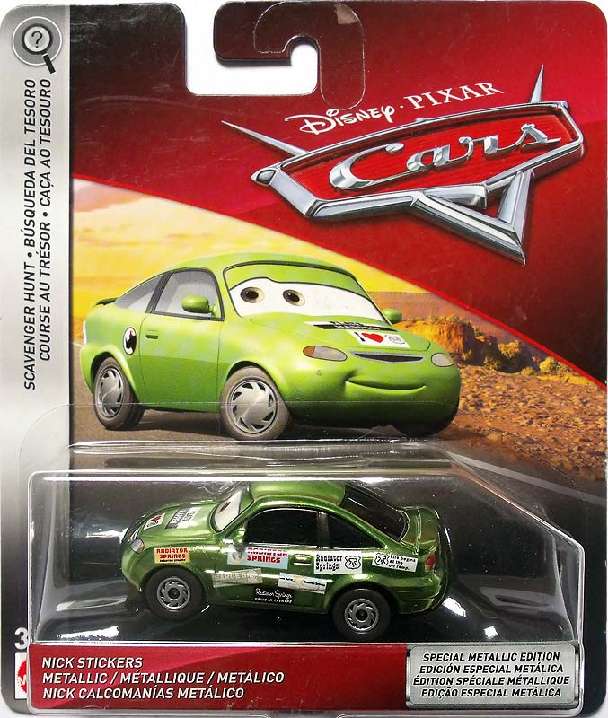 Metallic Nick Stickers from the Cars 2018-2019 series, Mattel 1:55 diecast on its card