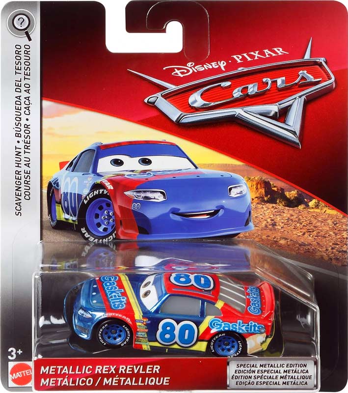 Metallic Rex Revler from the Cars 2018-2019 series, Mattel 1:55 diecast on its card