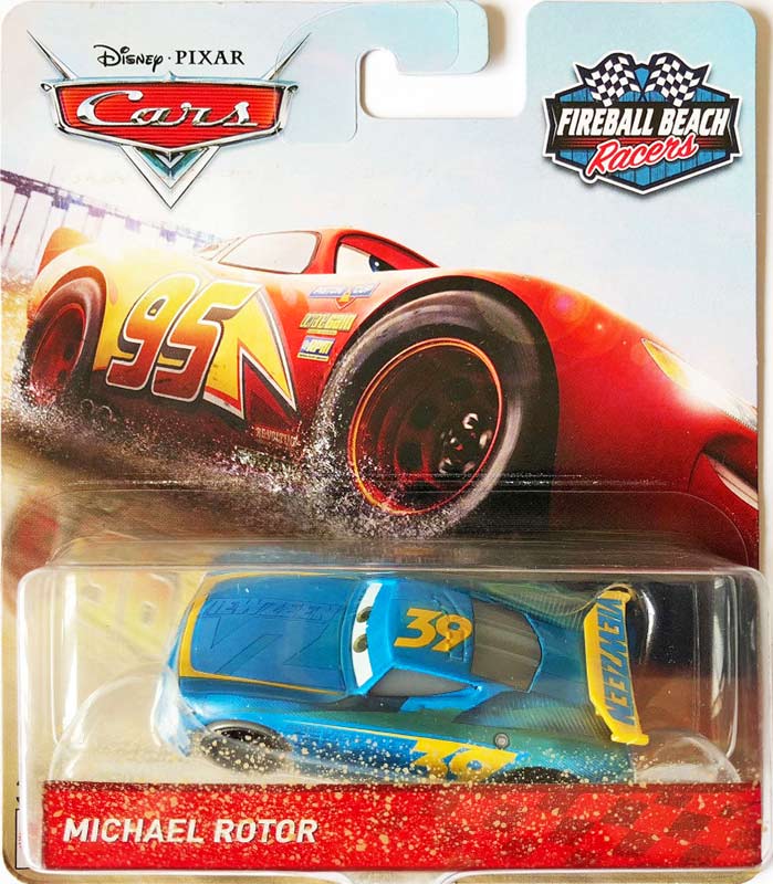 Michael Rotor (Fireball Beach Racer) from the Cars 2018-2019 series, Mattel 1:55 diecast on its card