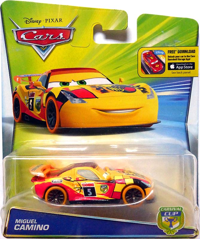 Miguel Camino (Carnival Cup) from the Cars 2016 series, Mattel 1:55 diecast on its card