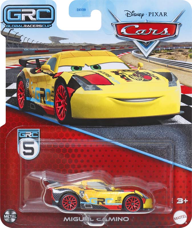 Miguel Camino (GRC) from the Cars 2024 series, Mattel 1:55 diecast on its card