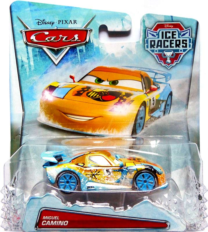 Miguel Camino (Ice Racer) from the Cars 2015 series, Mattel 1:55 diecast on its card