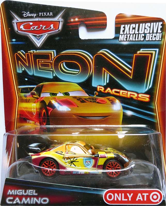 Miguel Camino (Neon Metallic Deco) from the World of Cars 2014 series, Mattel 1:55 diecast on its card