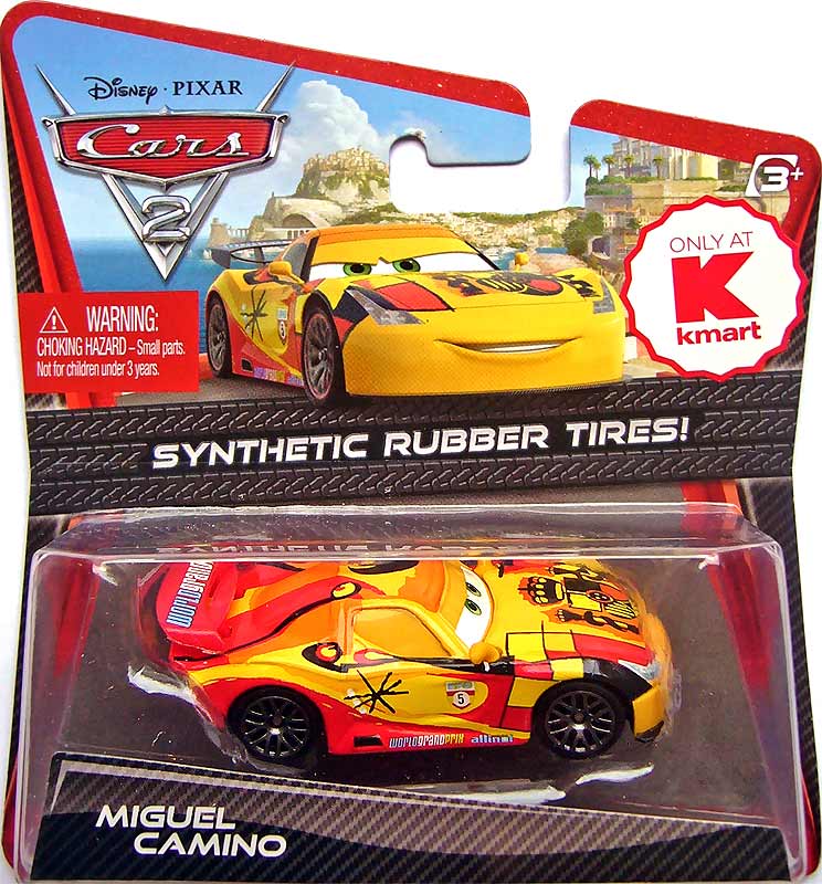 Miguel Camino (rubber tires) from the Cars 2 series, Mattel 1:55 diecast on its card