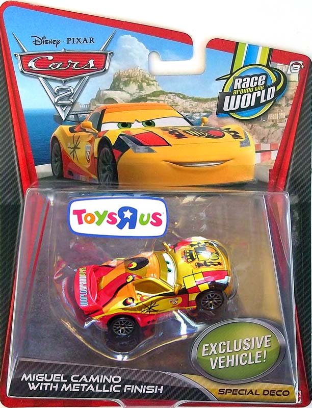 Miguel Camino with Metallic Finish from the Cars 2 series, Mattel 1:55 diecast on its card