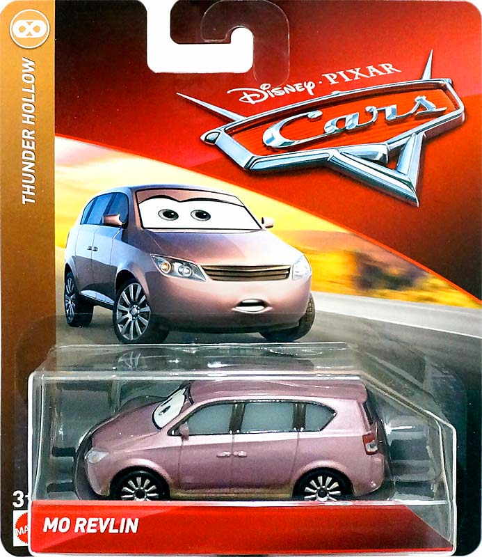 Mo Revlin from the Cars 2018-2019 series, Mattel 1:55 diecast on its card