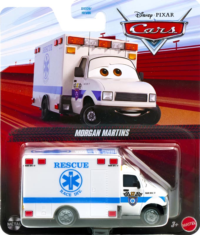 Morgan Martins from the Cars 2026 series, Mattel 1:55 diecast on its card