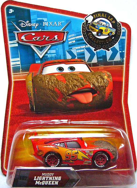 Muddy Lightning McQueen from the Final Lap series, Mattel 1:55 diecast on its card