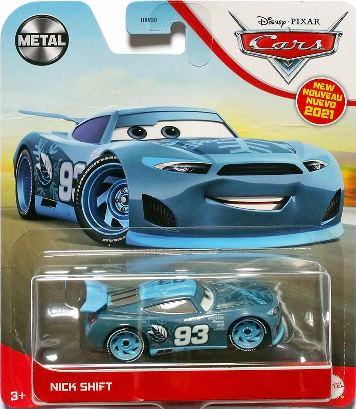 Nick Shift from the Cars 2021 series, Mattel 1:55 diecast on its card