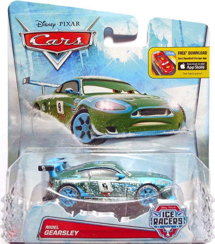 Nigel Gearsley (Ice Racer) from the Cars 2015 series, Mattel 1:55 diecast on its card