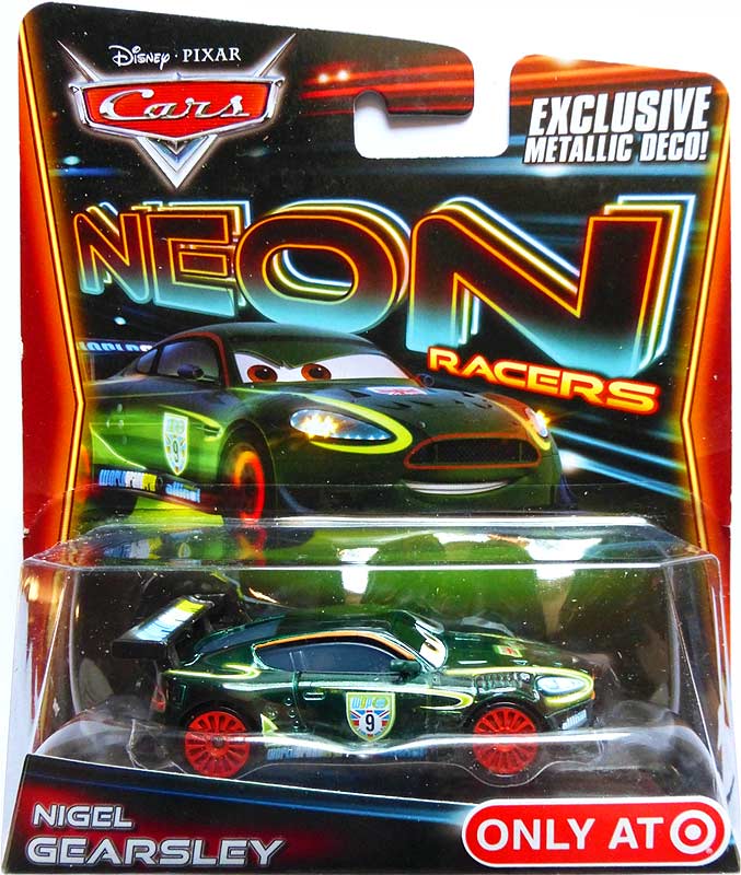 Nigel Gearsley (Neon Metallic Deco) from the World of Cars 2014 series, Mattel 1:55 diecast on its card