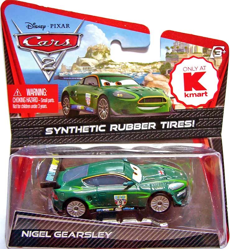 Nigel Gearsley (rubber tires) from the Cars 2 series, Mattel 1:55 diecast on its card