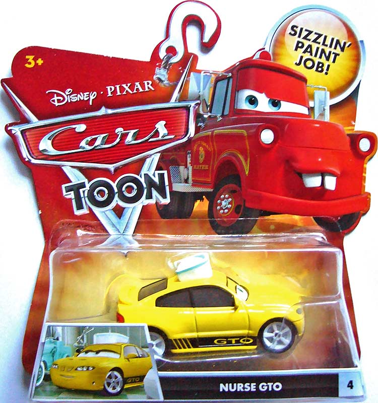 Nurse GTO from the Cars Toon series, Mattel 1:55 diecast on its card