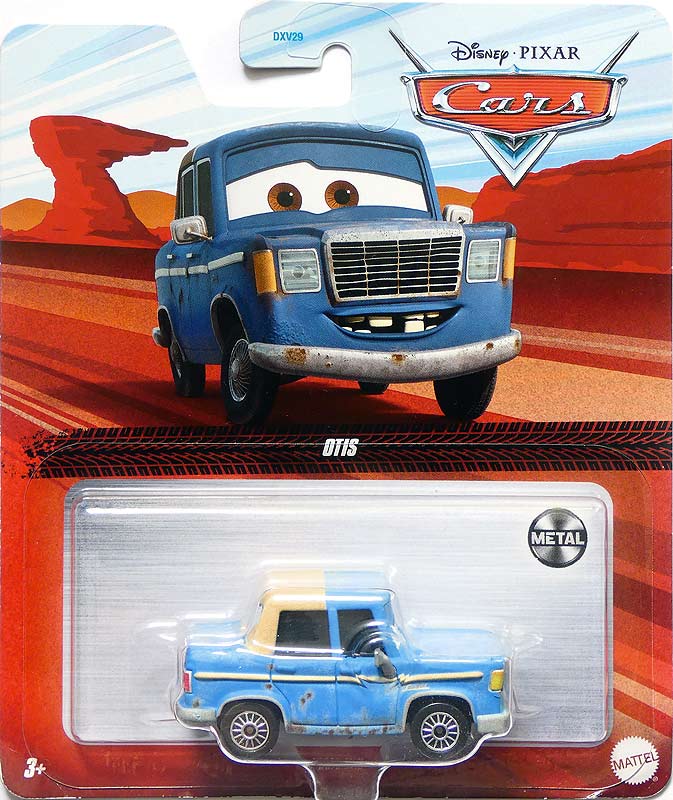 Otis from the Cars 2022 series, Mattel 1:55 diecast on its card