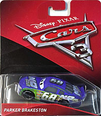 Parker Brakeston from the Cars 3 series, Mattel 1:55 diecast on its card