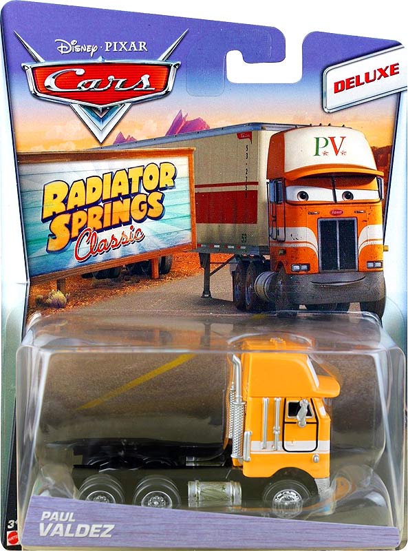 Paul Valdez Semi from the Radiator Springs Classic series, Mattel 1:55 diecast on its card