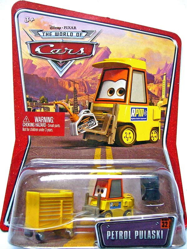 Petrol Pulaski (RPM pitty) from the World of Cars series, Mattel 1:55 diecast on its card
