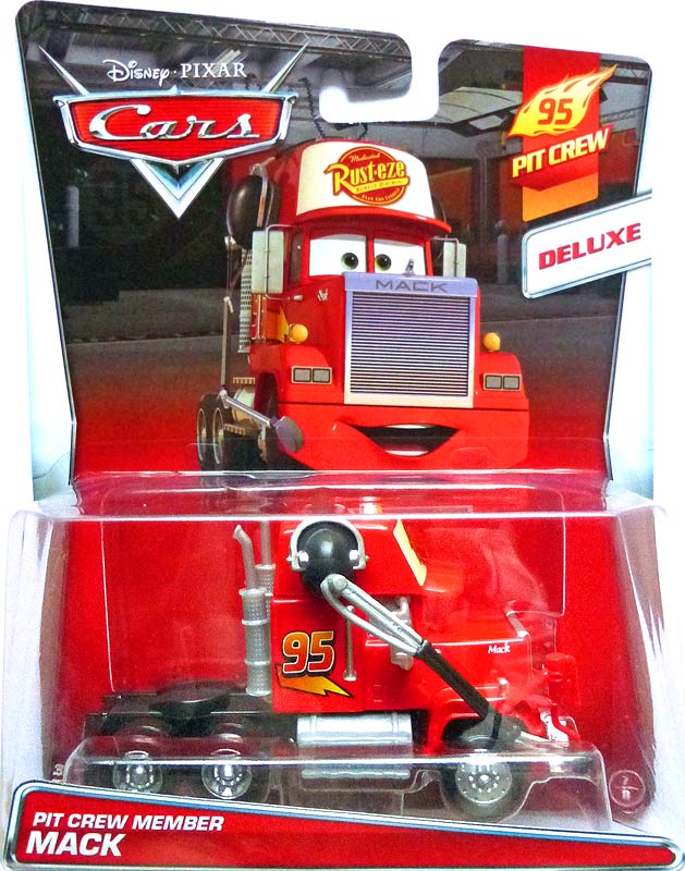 Pit Crew Member Mack from the Cars 2015 series, Mattel 1:55 diecast on its card