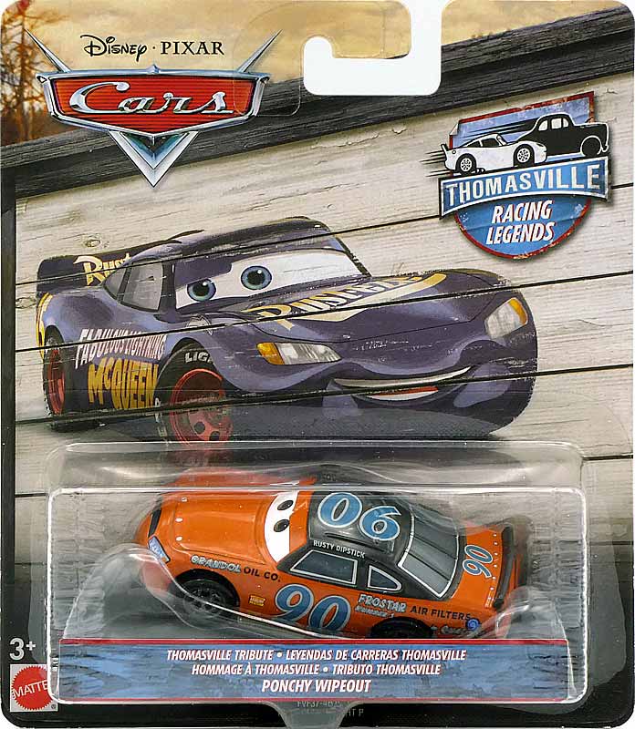 Ponchy Wipeout (Thomasville Racing Legends) from the Cars 2018-2019 series, Mattel 1:55 diecast on its card