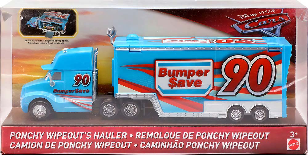 Ponchy Wipeout's Hauler from the Cars 2018-2019 series, Mattel 1:55 diecast on its card