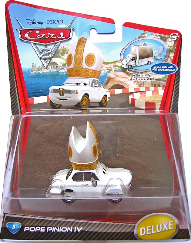 Pope Pinion IV from the Cars 2 series, Mattel 1:55 diecast on its card