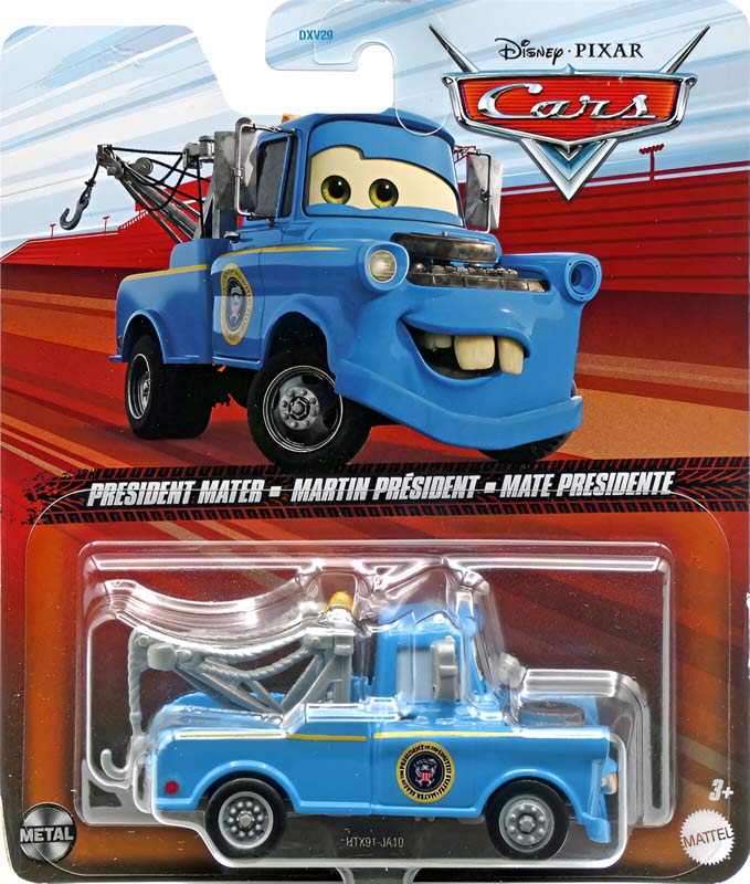 President Mater from the Cars 2024 series, Mattel 1:55 diecast on its card