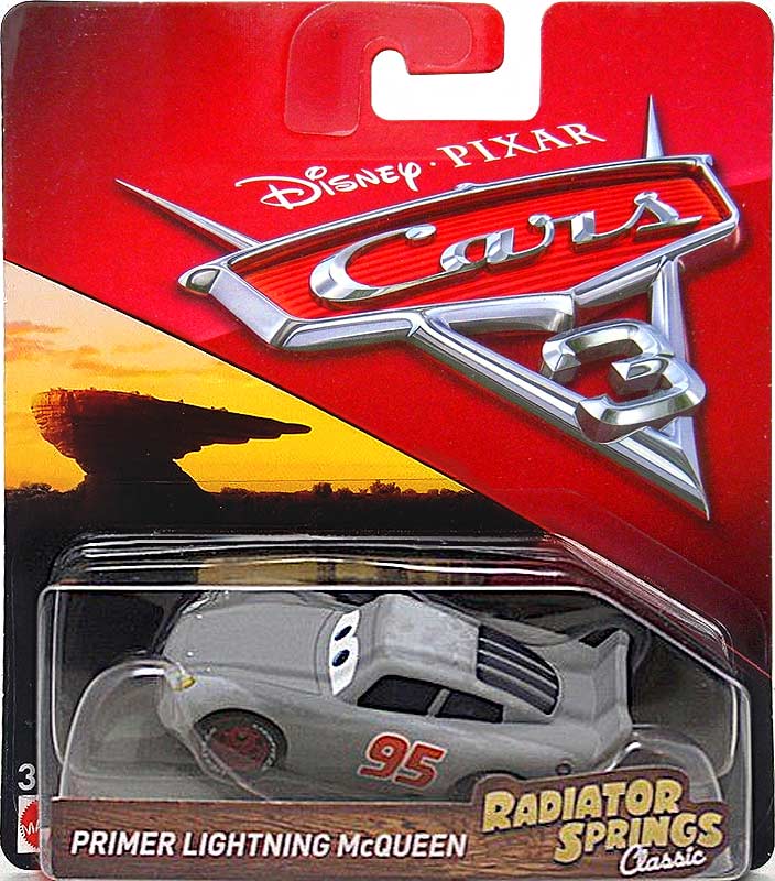 Primer Lightning McQueen from the Radiator Springs Classic series, Mattel 1:55 diecast on its card